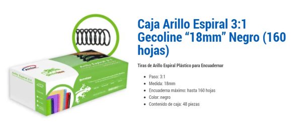 ESPIRAL PLASTICO NEGRO DE 18 MM. 3:1 PARA 160 HOJAS CON 48 PZS
