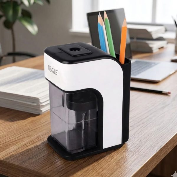 MAQUINA SACAPUNTAS ELECTRICO CON DEPOSITO DE VIRUTAS Y PORTA LAPIZ
