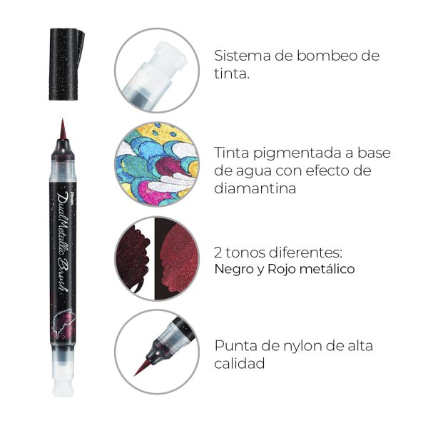 MARCADOR PENTEL DUAL METALLIC BRUSH NEGRO Y ROJO