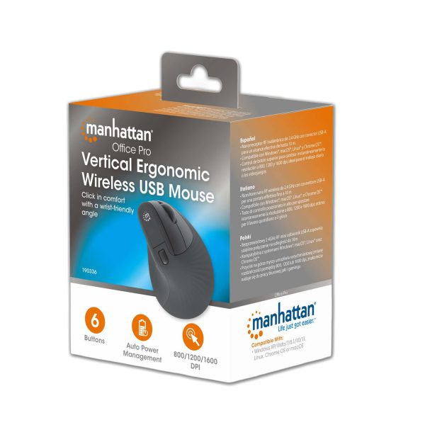 MOUSE MANHATTAN ERGONOMICO RF INALÁMBRICO 1600 DPI MOD. 190336
