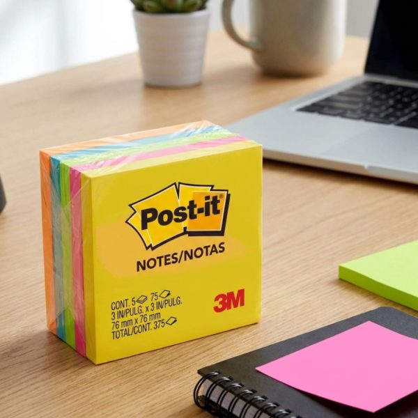 NOTAS ADHESIVAS POST-IT NEON 76X76 MM CON 5 PIEZAS DE 375 HOJAS