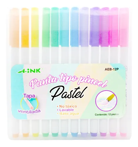 PLUMON PUNTA PINCEL COLORES PASTEL CON 12 PIEZAS
