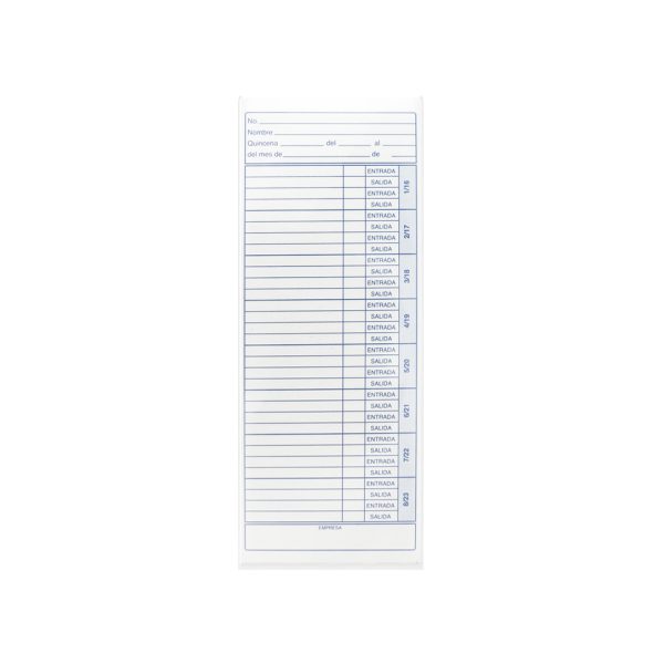 TARJETA PARA RELOJ CHECADOR QUINCENAL T-63 PAQUETE CON 100 PZS