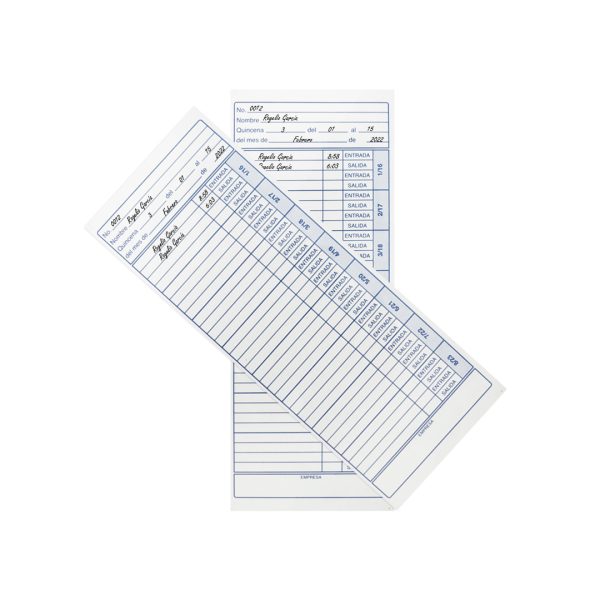 TARJETA PARA RELOJ CHECADOR QUINCENAL T-63 PAQUETE CON 100 PZS