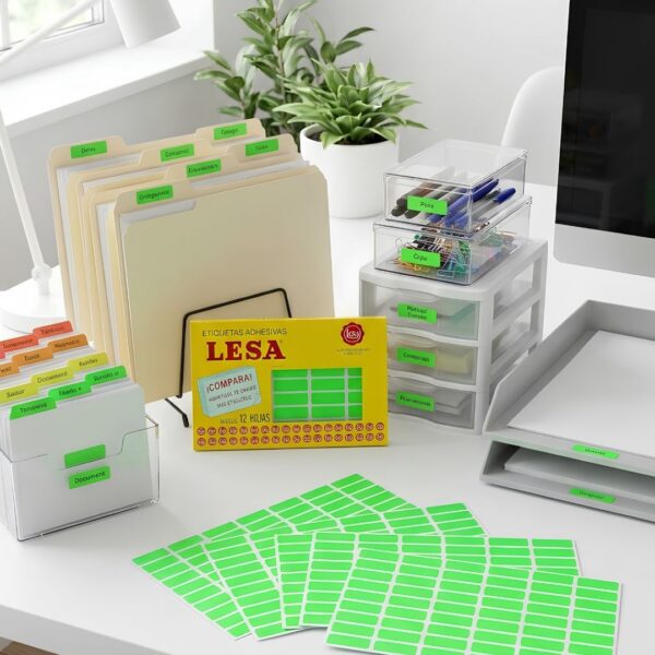 ETIQUETA ADHESIVA LESA NUMERO 6 VERDE FLUORESCENTE 38 X 13 MM RECTANGULAR PAQUETE CON 5 SOBRES