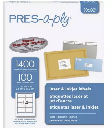 ETIQUETA LASER INK-JET BLANCA PRESS A PLY 30602 3.4 x 10.2 CM CON 1400 PZS