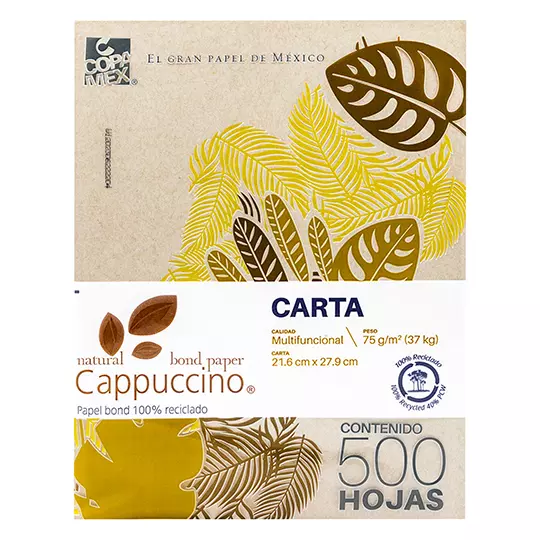 PAPEL CAPPUCCINO 100% RECICLADO TAMAÑO CARTA 75GR PAQUETE CON 500 HOJAS