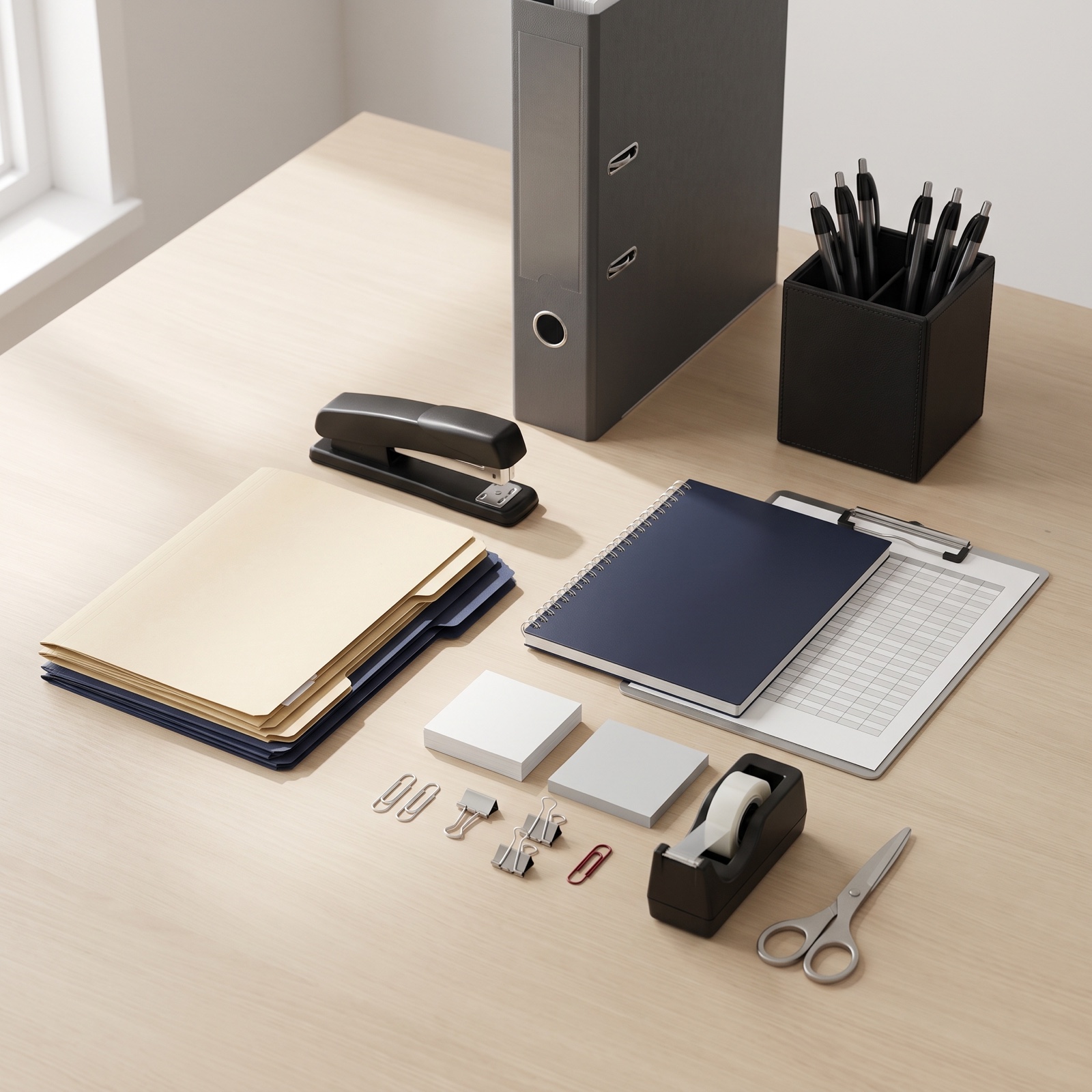 Artículos de oficina Artículos de oficina: engrapadora, folders, carpeta de palanca, portalápices, cuaderno y clips sobre un escritorio